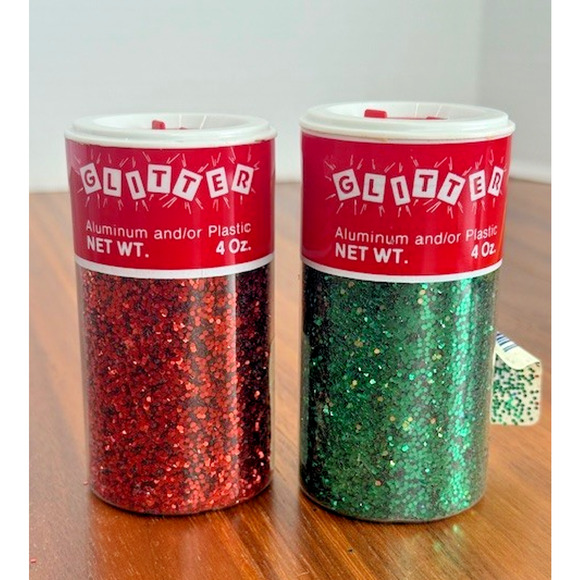 Vintage Glitterex Corp. Cranford, NJ Full 4 oz Jars Green & Red Glitter - Set 2 - Picture 1 of 12